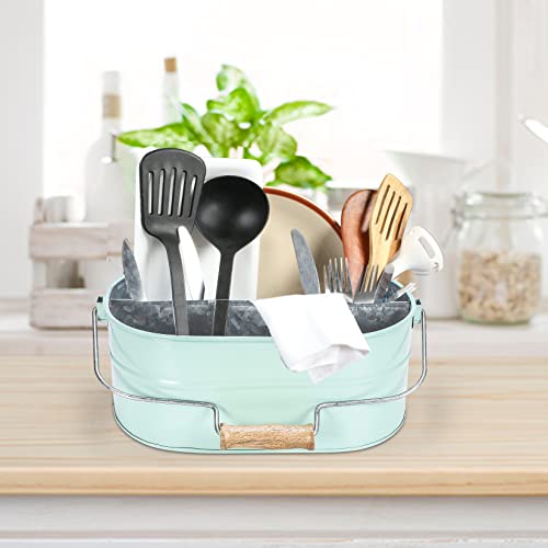 Goroly Home Large Utensil Holder For Kitchen Countertop, Dinner Table, Rustic Farmhouse Caddy For Décor, Metal Galvanized Utensils, Spatula, Spoons, Knives, Forks Organizer - Aqua