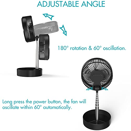 Collapsible Oscillating Fan, Rechargeable Battery Operated, Max. 13H Work Time, Strong & Quiet, 180° Pivot & 60° Oscillating Head, Portable Pedestal Fan with Extension Rod for Home Office Outdoor