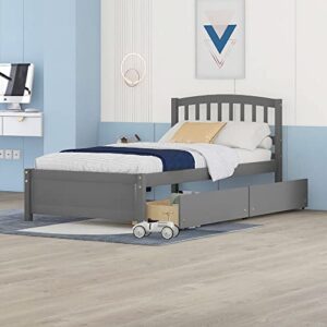 twin bed with drawers,wood bed frame with headboard and footboard wood platform captain beds for boys, girls, kids, teens and adults, gray