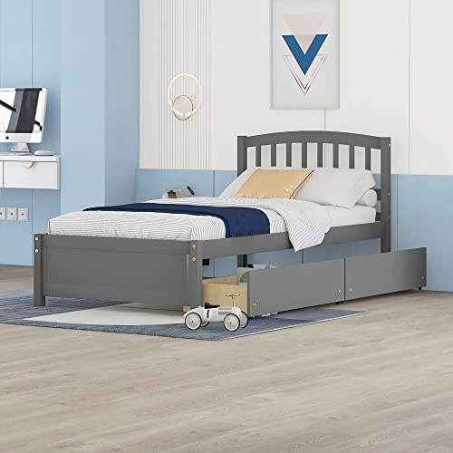 Twin Bed with Drawers,Wood Bed Frame with Headboard and Footboard Wood Platform Captain Beds for Boys, Girls, Kids, Teens and Adults, Gray