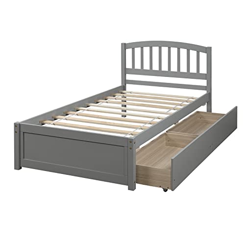 Twin Bed with Drawers,Wood Bed Frame with Headboard and Footboard Wood Platform Captain Beds for Boys, Girls, Kids, Teens and Adults, Gray