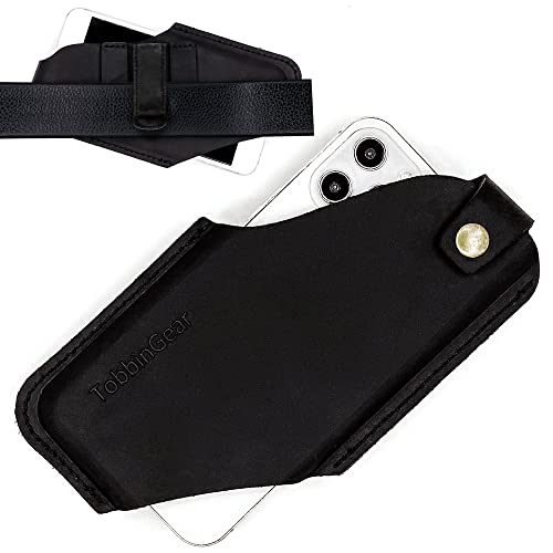 TobbinGear Leather Cell Phone Holster with Belt Clip, Leather Belt Phone Pouch, Universal Leather Phone Case on Belt, Phone Holder for iPhone, Cell Phone Sheath Gifts for Men and Women Large Black