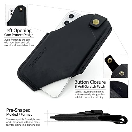 TobbinGear Leather Cell Phone Holster with Belt Clip, Leather Belt Phone Pouch, Universal Leather Phone Case on Belt, Phone Holder for iPhone, Cell Phone Sheath Gifts for Men and Women Large Black