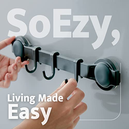 SoEzy Drill-Free Hook Rail with 3 Hooks for Kitchen and Bathroom Storage, Utensil Hanger with Suction Cup and Adhesive Disc, Wall Accessories for Hanging Utensils (White)