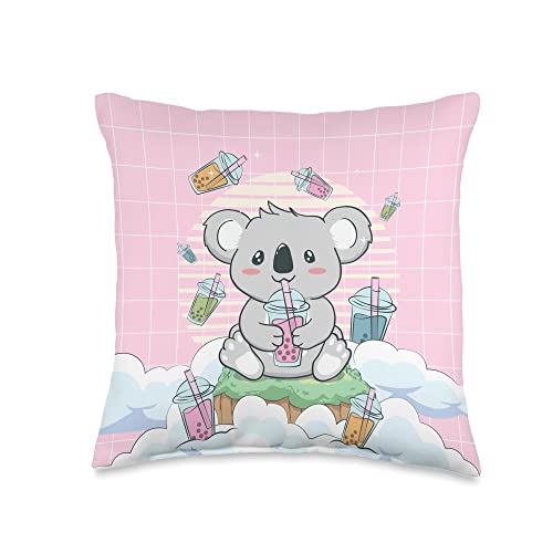 Japanese Aesthetic Clothes And Kawaii Animal Stuff Kawaii Koala Bear Bubble Boba Milk Tea Throw Pillow, 16x16, Multicolor