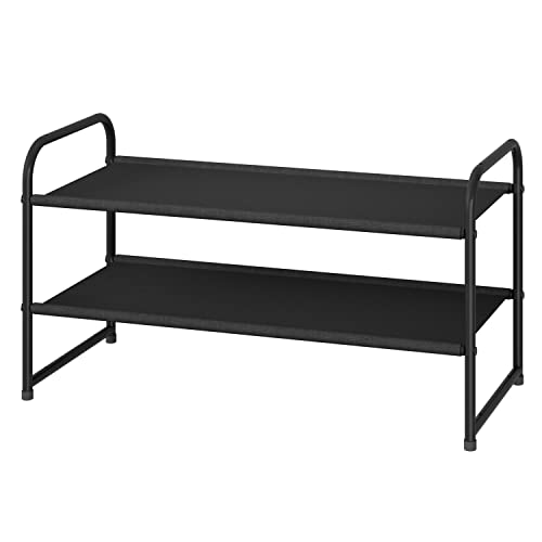 Simple Trending 2-Tier Stackable Shoe Rack, Fabric Shoe Shelf Storage Organizer, Black