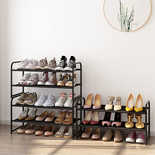 Simple Trending 2-Tier Stackable Shoe Rack, Fabric Shoe Shelf Storage Organizer, Black