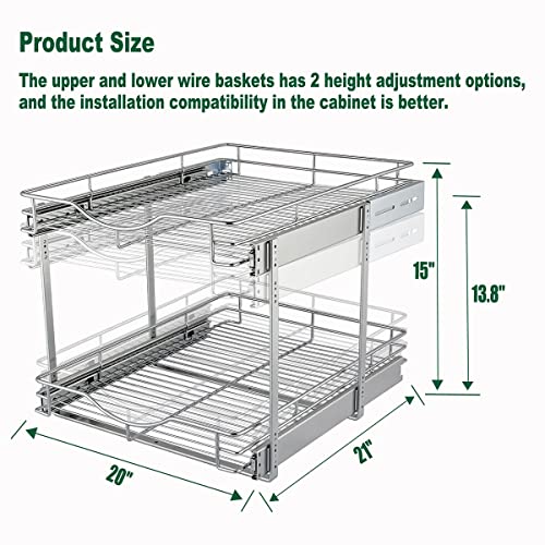 DINDON 2 Tier Pull Out Cabinet Organizer (20" W X 21" D), Double Tier Wire Basket Slide Out Shelf Storage for Kitchen Base Cabinet Organization ​for Kitchen, Pantry, Bathroom, Chrome