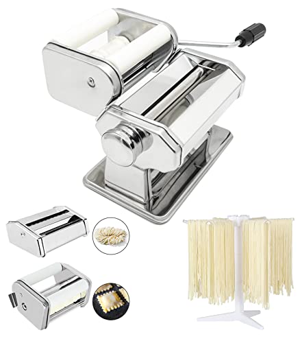 MZTOGR Pasta Maker Machine, Set of 6 Piece 150mm Steel Noodle Maker Machine with 9 Adjustable Thickness Settings, Includes Ravioli Maker Attachment, Pasta Drying Rack (MZ-150PR)