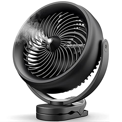 Yeedie 10000mAh Battery Operated Clip on Fan, 8-Inch Desk Stroller Cool Misting Fan, 2 Mist Modes Output with 200ml Water Tank, 3 Speeds, Sturdy Clamp for Outdoor Travel, Black