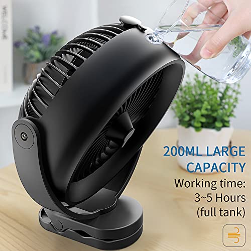 Yeedie 10000mAh Battery Operated Clip on Fan, 8-Inch Desk Stroller Cool Misting Fan, 2 Mist Modes Output with 200ml Water Tank, 3 Speeds, Sturdy Clamp for Outdoor Travel, Black