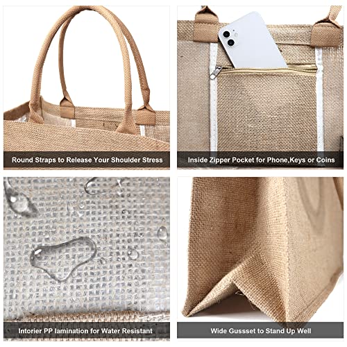 BeeGreen Burlap Tote Bag Jute Beach Bag with Laminated Interior & Inner Zipper Pocket for Teacher Mother's Day 17"×12.6"×7" Large Bird Bridesmaid Gift Tote Bag for Wedding Shopping