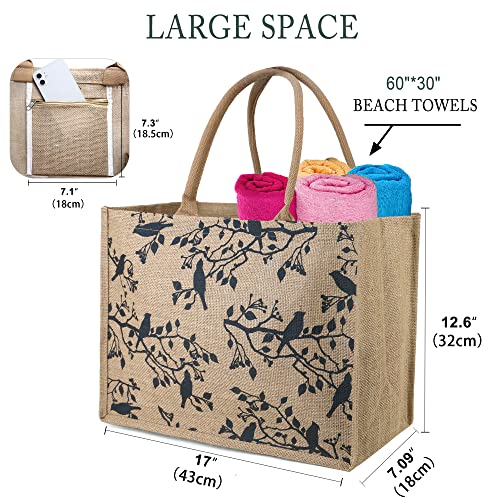 BeeGreen Burlap Tote Bag Jute Beach Bag with Laminated Interior & Inner Zipper Pocket for Teacher Mother's Day 17"×12.6"×7" Large Bird Bridesmaid Gift Tote Bag for Wedding Shopping