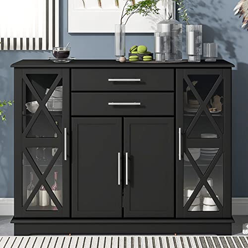 P PURLOVE Sideboard Buffet Server Storage Cabinet with Drawer Curio Bar Cabinet with Cabinet and Shelf for Kitchen Dining Room Furniture