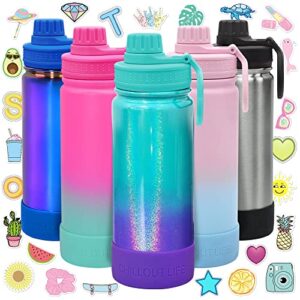 chillout life 17 oz kids insulated water bottle for school with leakproof spout lid and cute waterproof stickers, personalized stainless steel thermos flask metal water bottle for girls & boys