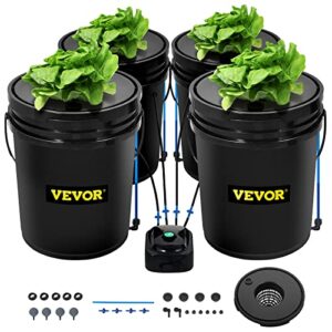 vevor 4 buckets dwc hydroponic system, 5 gallon, deep culture, plants grow kit with pump, air stone and water level device, for indoor/outdoor leafy vegetables, black