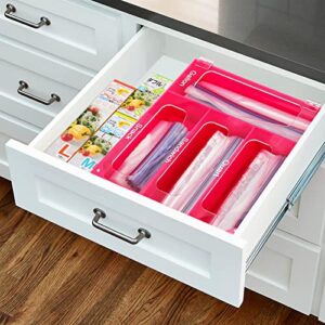 Ziplock Bag Storage Organizer for Kitchen Drawer, Acrylic Ziplock Food Sandwich Storage Baggie Organizer, Plastic Bag Holder Organizer and Dispenser for Gallon, Quart, Sandwich and Snack Bag,Rose Red