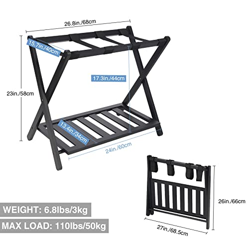 ALAPUR Luggage Rack with Shoe Shelf, Folding Luggage Rack for Guest Room, Suitcase Stand for Hotel Bedroom, Black