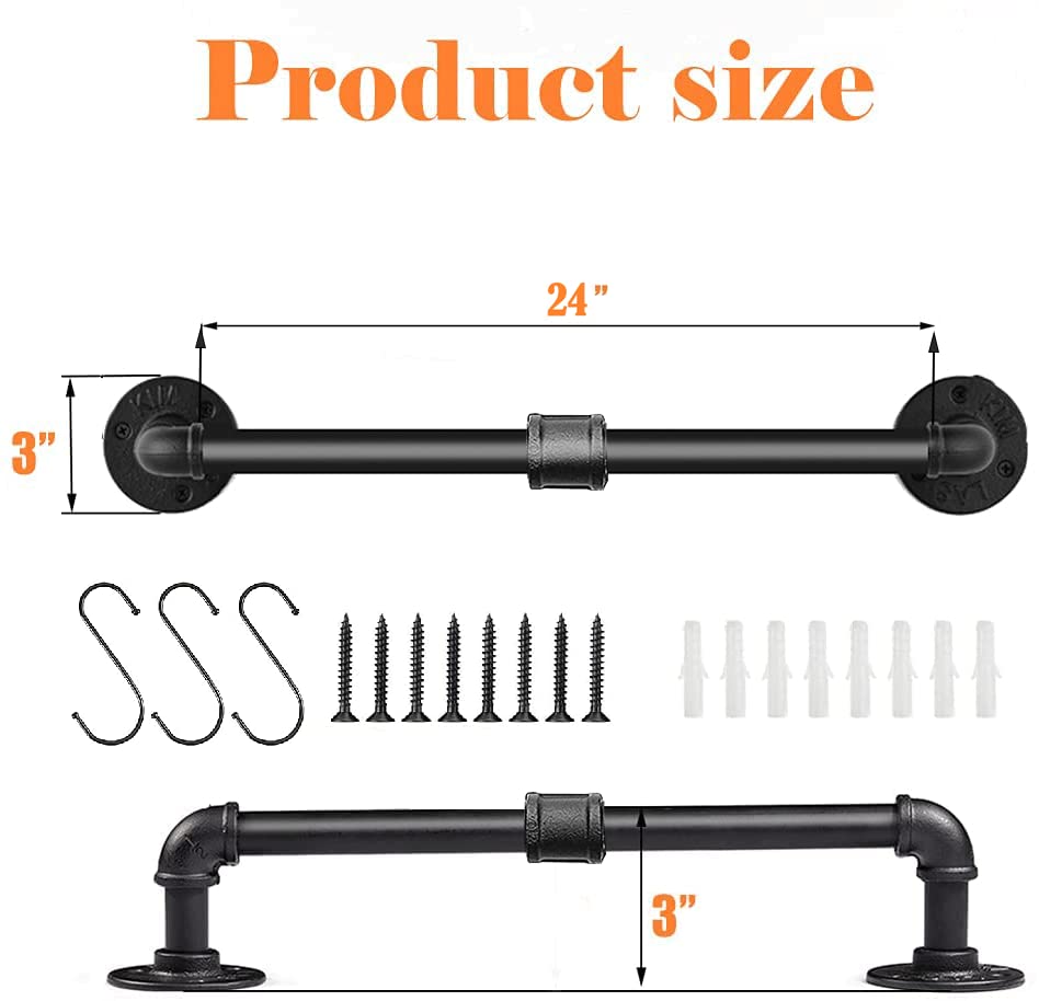 Janyang Industrial Pipe Towel Bar 24 inch Towel Rack Towel Holder with 3 Hooks, Wall Mounted DIY Style, Matte Black Finish for Kitchen Or Bath Hanging