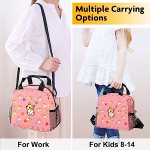 IVENHLYS Pink Dog Lunch Bag, Cute Corgi Insulated Lunch Box with Removable Adjustable Shoulder Strap and Side Pocket, Meal Tote Bag for Kid School Picnic Ideal Gift………