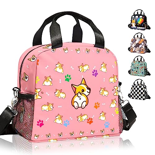 IVENHLYS Pink Dog Lunch Bag, Cute Corgi Insulated Lunch Box with Removable Adjustable Shoulder Strap and Side Pocket, Meal Tote Bag for Kid School Picnic Ideal Gift………