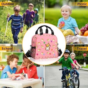 IVENHLYS Pink Dog Lunch Bag, Cute Corgi Insulated Lunch Box with Removable Adjustable Shoulder Strap and Side Pocket, Meal Tote Bag for Kid School Picnic Ideal Gift………