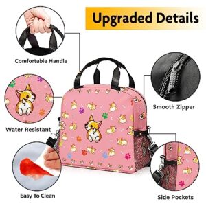 IVENHLYS Pink Dog Lunch Bag, Cute Corgi Insulated Lunch Box with Removable Adjustable Shoulder Strap and Side Pocket, Meal Tote Bag for Kid School Picnic Ideal Gift………