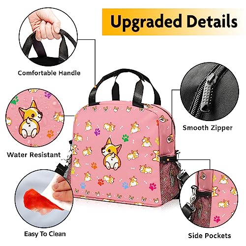 IVENHLYS Pink Dog Lunch Bag, Cute Corgi Insulated Lunch Box with Removable Adjustable Shoulder Strap and Side Pocket, Meal Tote Bag for Kid School Picnic Ideal Gift………