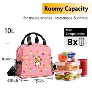 IVENHLYS Pink Dog Lunch Bag, Cute Corgi Insulated Lunch Box with Removable Adjustable Shoulder Strap and Side Pocket, Meal Tote Bag for Kid School Picnic Ideal Gift………
