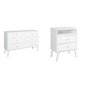 prepac milo mid-century 6 drawer double dresser for bedroom, 16" d x 52.50" w x 33" h, white & milo mid-century modern 2 drawer nightstand with open shelf, 16" d x 22.5" w x 29.5" h, white