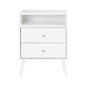 Prepac Milo Mid-Century 6 Drawer Double Dresser for Bedroom, 16" D x 52.50" W x 33" H, White & Milo Mid-Century Modern 2 Drawer Nightstand with Open Shelf, 16" D x 22.5" W x 29.5" H, White