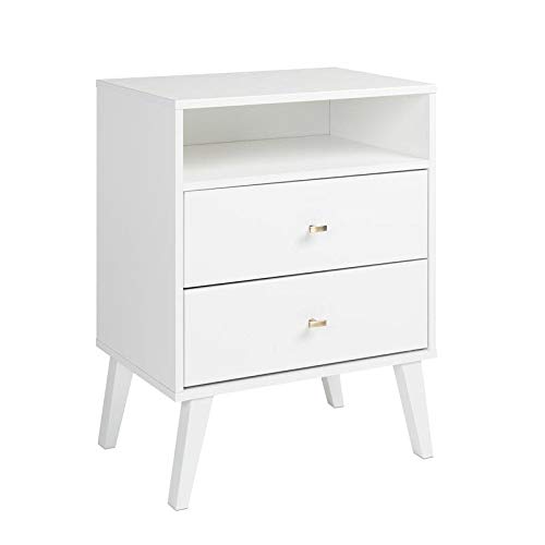 Prepac Milo Mid-Century 6 Drawer Double Dresser for Bedroom, 16" D x 52.50" W x 33" H, White & Milo Mid-Century Modern 2 Drawer Nightstand with Open Shelf, 16" D x 22.5" W x 29.5" H, White