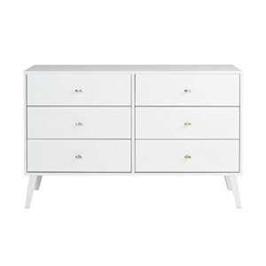 Prepac Milo Mid-Century 6 Drawer Double Dresser for Bedroom, 16" D x 52.50" W x 33" H, White & Milo Mid-Century Modern 2 Drawer Nightstand with Open Shelf, 16" D x 22.5" W x 29.5" H, White