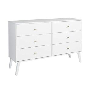 Prepac Milo Mid-Century 6 Drawer Double Dresser for Bedroom, 16" D x 52.50" W x 33" H, White & Milo Mid-Century Modern 2 Drawer Nightstand with Open Shelf, 16" D x 22.5" W x 29.5" H, White