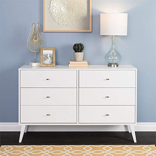 Prepac Milo Mid-Century 6 Drawer Double Dresser for Bedroom, 16" D x 52.50" W x 33" H, White & Milo Mid-Century Modern 2 Drawer Nightstand with Open Shelf, 16" D x 22.5" W x 29.5" H, White