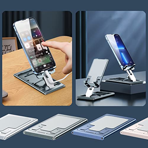 ULIKTO Foldable Cell Phone Stand Height Angle Adjustable Aluminum Desktop Phone Holder Cradle Dock Pocket Portable Mount for iPhone, Samsung Galaxy, iPad Mini, Tablets Up to 12” (Grey)