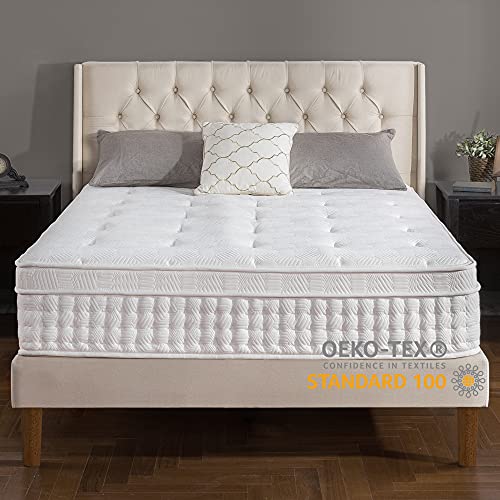 Zinus Tonja Platform Bed, Brown, Full & 13 Inch Euro Top Pocket Spring Hybrid Mattress/Pressure Relief/Pocket Innersprings for Motion Isolation/Bed-in-a-Box, Full,White