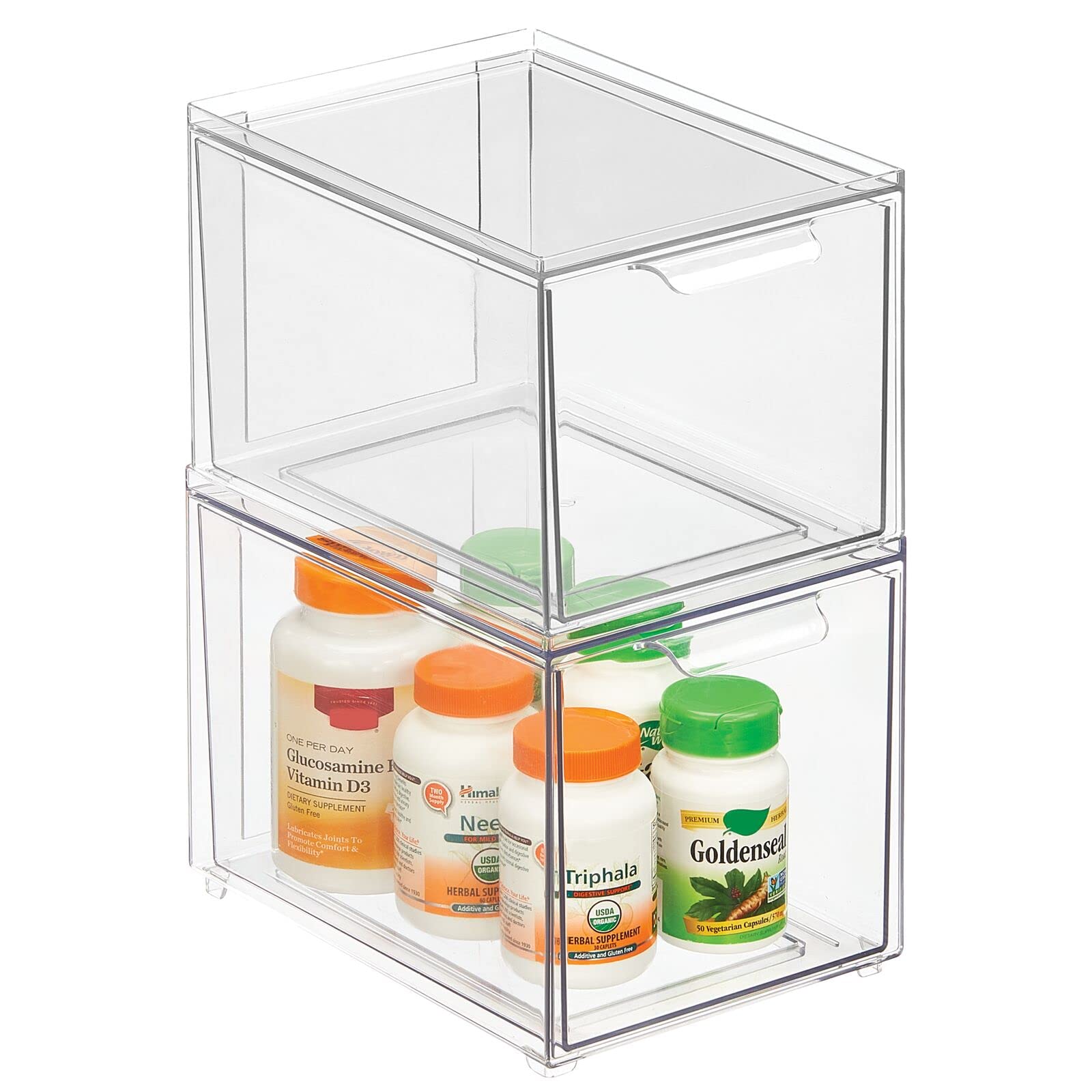 mDesign Plastic Stackable Bathroom Storage with Pull Out Bin Organizer Drawer for Cabinet, Vanity, Shelf, Cupboard, Cabinet, or Closet Organization - Lumiere Collection - 2 Pack - Clear