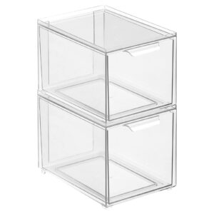 mDesign Plastic Stackable Bathroom Storage with Pull Out Bin Organizer Drawer for Cabinet, Vanity, Shelf, Cupboard, Cabinet, or Closet Organization - Lumiere Collection - 2 Pack - Clear