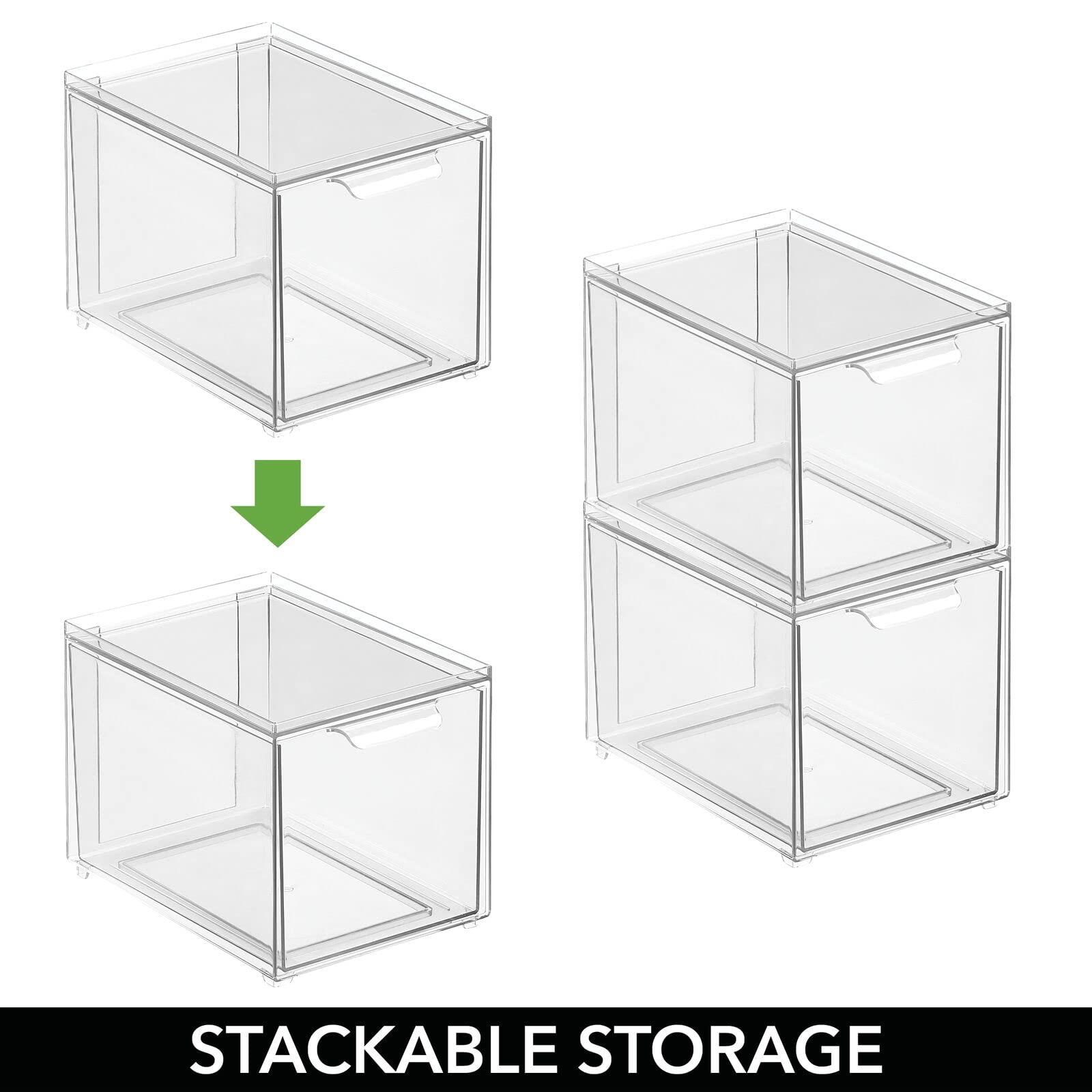 mDesign Plastic Stackable Bathroom Storage with Pull Out Bin Organizer Drawer for Cabinet, Vanity, Shelf, Cupboard, Cabinet, or Closet Organization - Lumiere Collection - 2 Pack - Clear