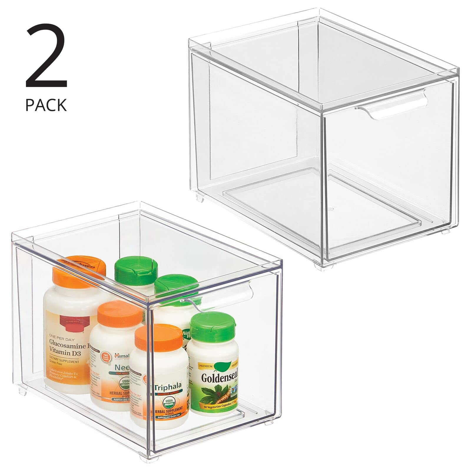 mDesign Plastic Stackable Bathroom Storage with Pull Out Bin Organizer Drawer for Cabinet, Vanity, Shelf, Cupboard, Cabinet, or Closet Organization - Lumiere Collection - 2 Pack - Clear