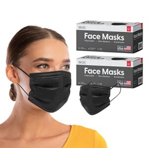 iris usa (made in usa) disposable face masks, 100 piece (50 piece - 2 pack), premium 3ply masks, breathable, comfortable, soft ear loops, soft on skin, 3 layer construction for high protection, black
