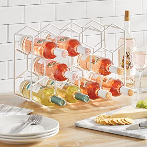 mDesign Metal Hexagon 3-Tier Wine Rack - Minimalist Bottle Holder for Kitchen Countertop, Pantry, or Refrigerator Space - Wine, Beer, Pop/Soda, Water Bottles, and Juice, Holds 11 Bottles - Matte White