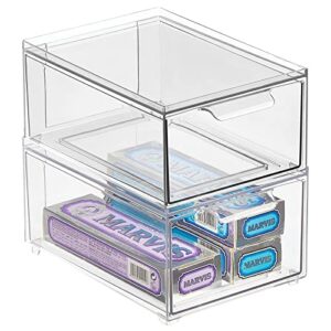 mdesign plastic stackable bathroom storage with pull out bin organizer drawer for cabinet, vanity, shelf, cupboard, cabinet, or closet organization - lumiere collection - 2 pack - clear