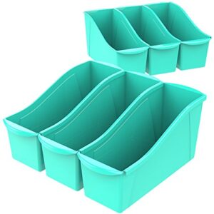 storex large book bin, interlocking plastic organizer for home, office and classroom, teal, 6-pack (71107a06c)