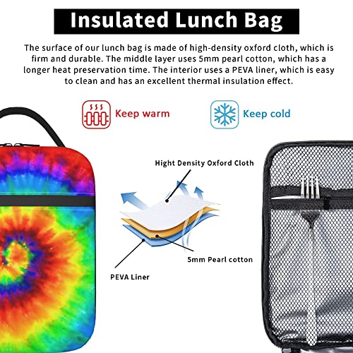 Tie Dye Lunch Bag for Kids boys girls Women Men,Reusable Insulated Lunch Box,Large Capacity Tote Bag for School, Work, Picnic, Travel (Rainbow, One Size)