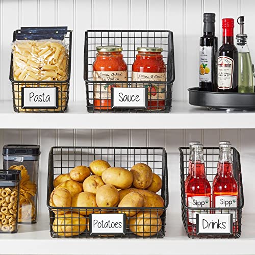 mDesign Slim Slanted Metal Kitchen Food Storage Organizer Bin Basket, Label Slot for Cabinet, Countertop, Pantry, Holder Container for Produce, Fruit, Vegetable, Omaha Collection - Matte Black