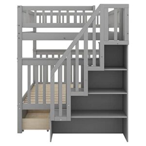 Merax Full Over Full Bunk Bed with Drawers, Storage Staircase, and Guard Rail, No Box Spring Needed, Gray