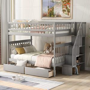 merax full over full bunk bed with drawers, storage staircase, and guard rail, no box spring needed, gray