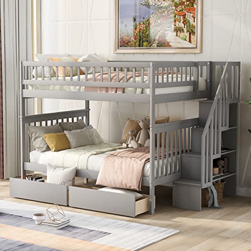 Merax Full Over Full Bunk Bed with Drawers, Storage Staircase, and Guard Rail, No Box Spring Needed, Gray